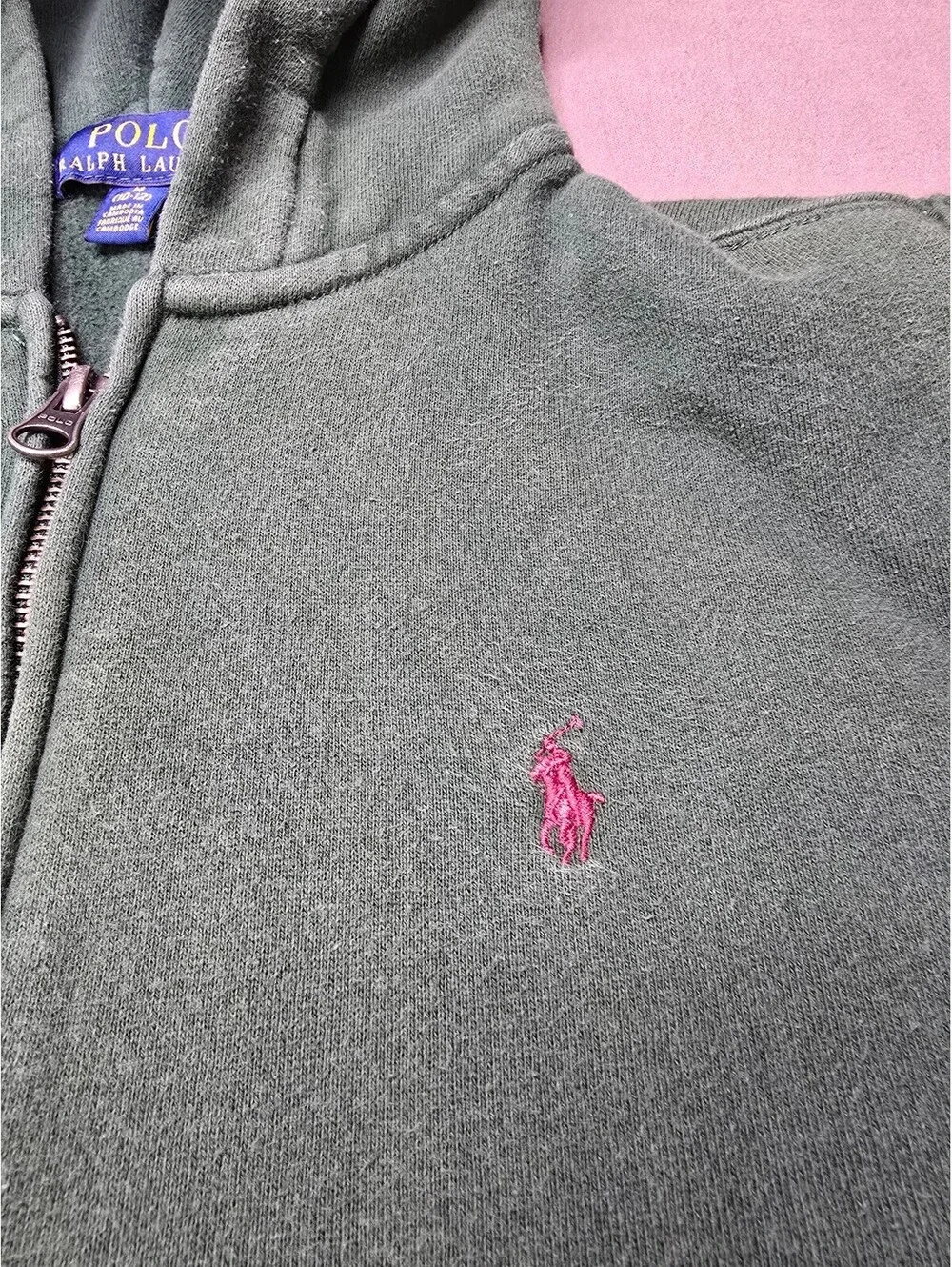 Polo Ralph Lauren Kids Green Zip Hoodie Pink Pony Full Zip Fleece Size M 10-12